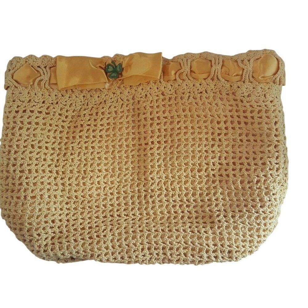 Vintage Yellow Crochet Clutch Pocketbook Purse Satin Lined Shamrock Ribbon